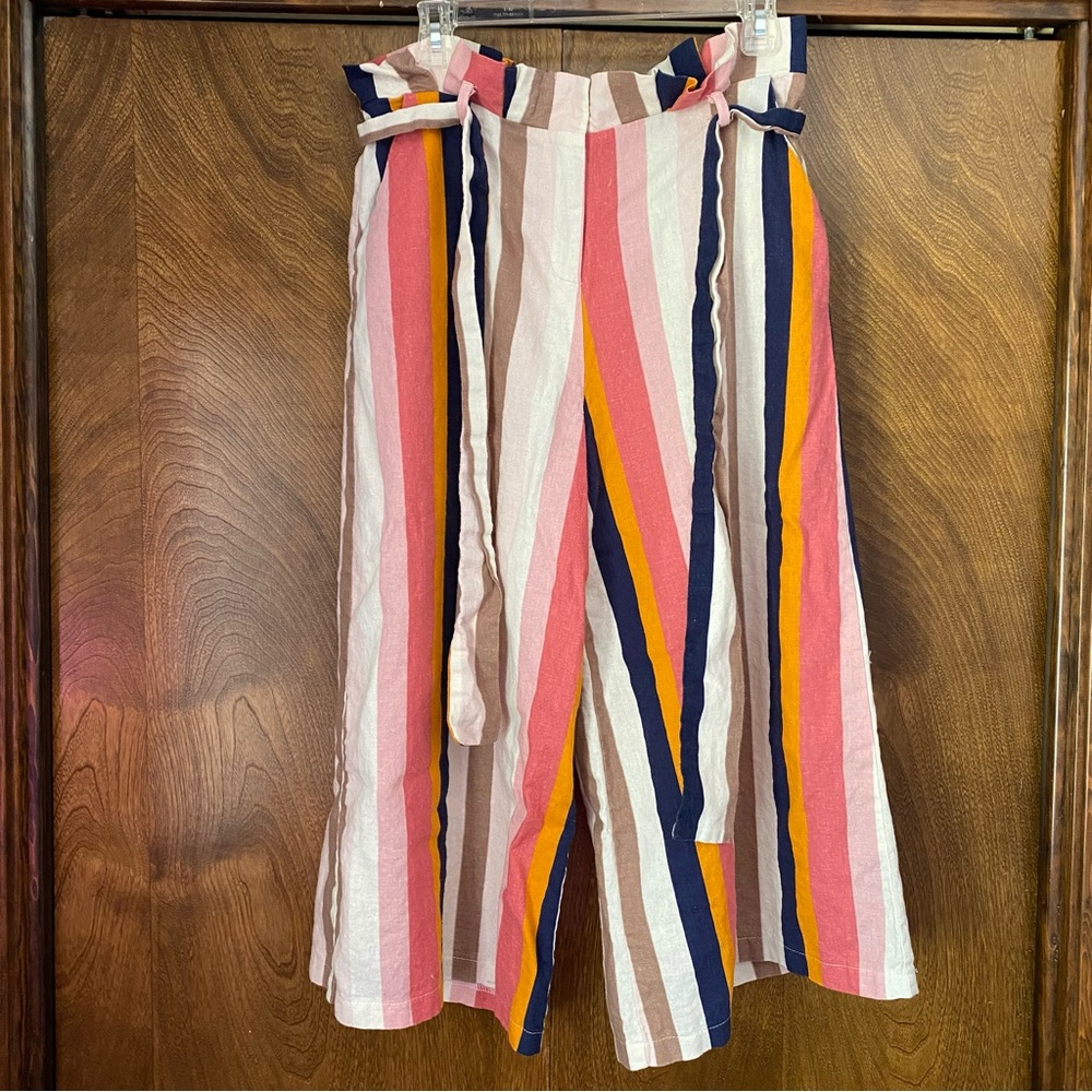 Do+Be Large Women’s Striped Linen Blend Cropped Wide Leg Pants Pink Ruffle Fun